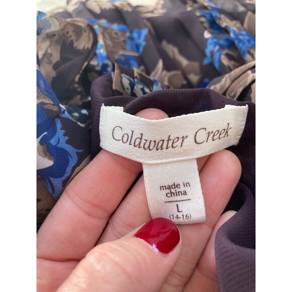 Coldwater Creek Brown & Blue Floral Chiffon Buttondown Blouse, Size L - Picture 4 of 4